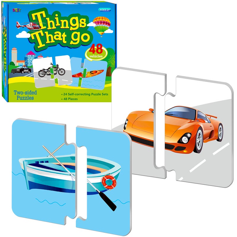SpriteGru 48 Vehicle Matching Puzzles with Error-Correction Mechanism Pre-Primer in 2 Pieces, Perfect for Preschool Learning (24 Blocks Double Sided) - Image 1